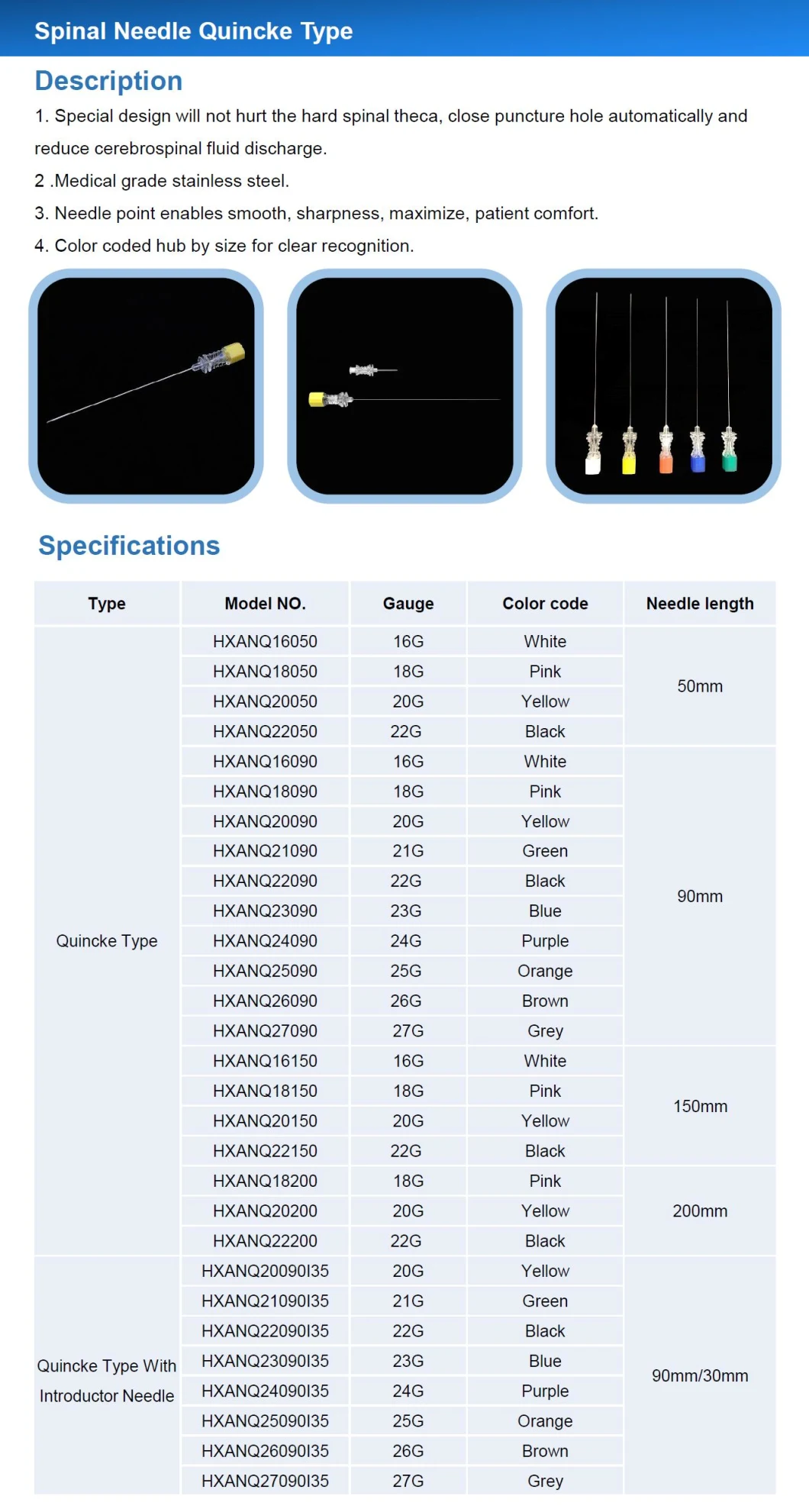 Disposable Medical Anesthesia Needle/Quincke Tip Spinal Needle Supplier (22g 90mm)